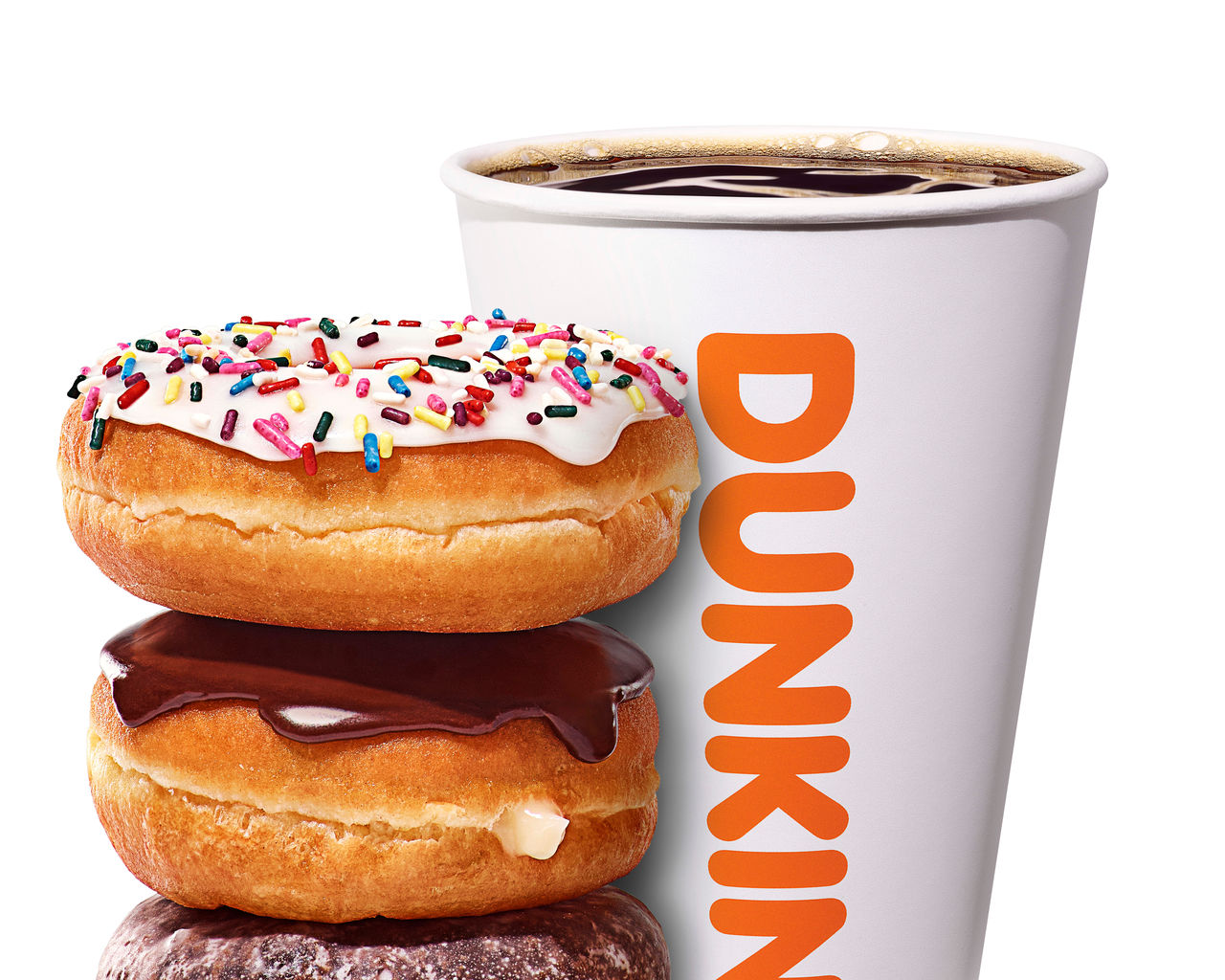 Dunkin' Retail 23 Window 5 Retouched Product Image: Stack of (3) Classic Donuts, and Hot Coffee; branded paper cup (tight crop)
(image + shadow + white background/transparency)